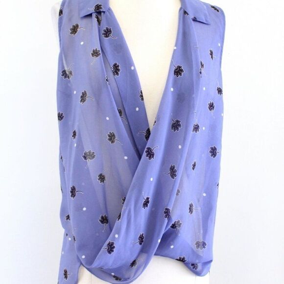 CAbi Crossover Blouse Vivid Violet Floral Print Draped Front Sheer Top LARGE - Picture 3 of 9